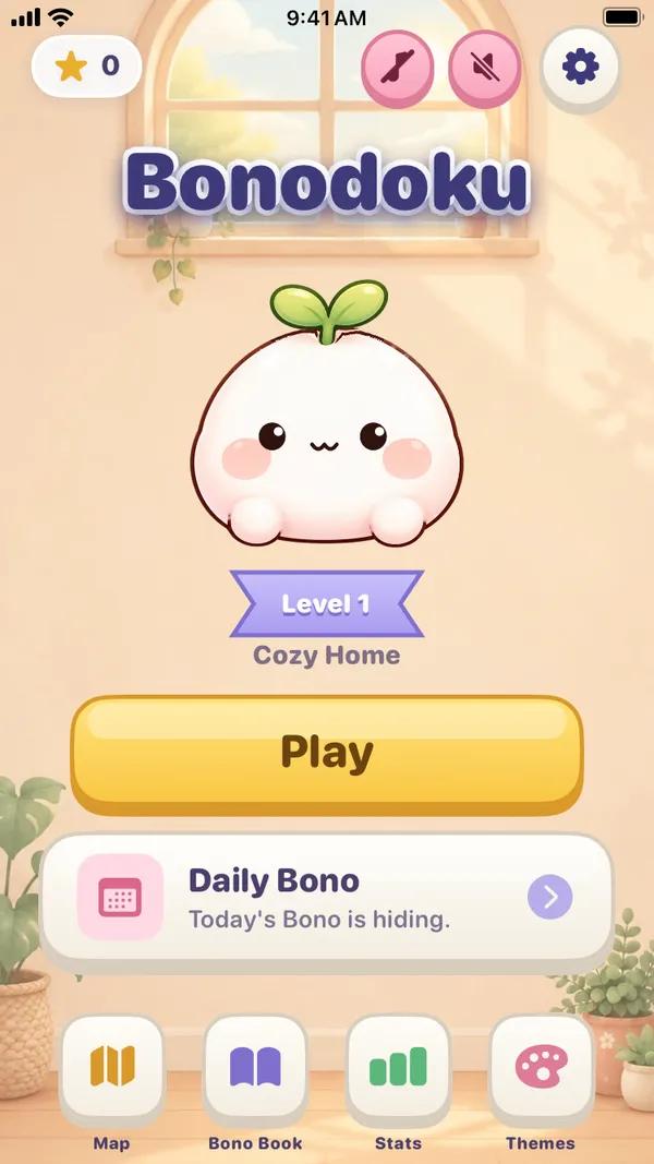 Bonodoku home screen with Bono, the Play button and the Daily Bono